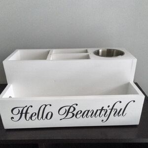 White Makeup Organizer with 'Hello Beautiful' Text